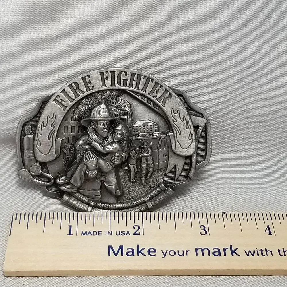 Vintage Belt Buckle 1993‎ Pewter Fire Fighter First Responders USA Arroyo Grande